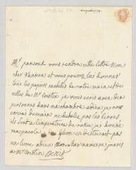 4 vues  - MS CC 0012 - Denis, Marie-Louise Mignot, Mme. Lettre autographe signée à Jean-Louis Wagnière.- [Paris], [11] août 1778 (ouvre la visionneuse)