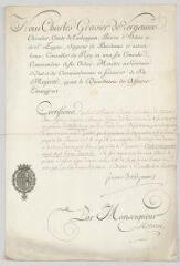 2 vues MS CC 0101 - Vergennes, Charles Gravier, comte de. Certificat de pension au Sieur Pasumot.- Versailles, 16 juin 1779