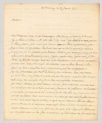 4 vues  - MS CC 0170 - Villeneuve. Lettre autographe signée à Charles-Nicolas-Joseph-Justin Favart.- Strasbourg, 12 janvier 1775 (ouvre la visionneuse)
