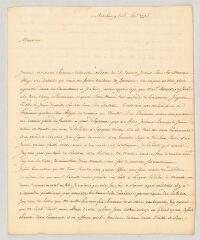 4 vues  - MS CC 0171 - Villeneuve. Lettre autographe signée à Charles-Nicolas-Joseph-Justin Favart.- Strasbourg, 4 février 1775 (ouvre la visionneuse)
