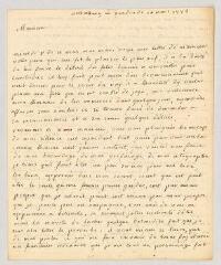 4 vues  - MS CC 0174 - Villeneuve, Mme. Lettre autographe signée à Charles-Nicolas-Joseph-Justin Favart.- Strasbourg, 10 mars 1775 (ouvre la visionneuse)