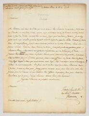 4 vues  - MS CC 0176 - Villeneuve. Lettre autographe signée à Charles-Nicolas-Joseph-Justin Favart.- Fontainebleau, 21 août 1774 (ouvre la visionneuse)