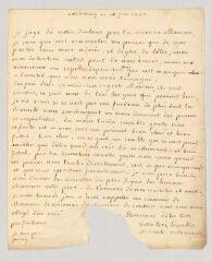 4 vues  - MS CC 0180 - Villeneuve, Mme. Lettre autographe signée à Charles-Nicolas-Joseph-Justin Favart.- Strasbourg, 18 juin 1772 (ouvre la visionneuse)