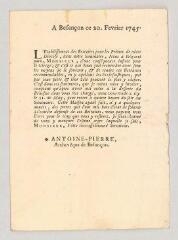 4 vues MS CC 0214 - Grammont, Antoine Pierre de. Lettre-circulaire imprimée à [Louis] Mathieu.- Besançon, 29 décembre 1745