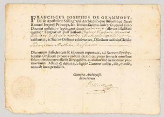 4 vues  - MS CC 0217 - Grammont, François-Joseph de. Document imprimé signé à [Louis] Mathieu.- [Besançon ?], [20 février ?] 1712 (ouvre la visionneuse)