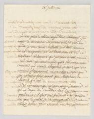 4 vues  - MS CA 0191 - Voltaire. Lettre signée à la marquise du Deffand. La lettre est écrite par son secrétaire Jean-Louis Wagnière.- Ferney, 28 juillet 1774. (ouvre la visionneuse)