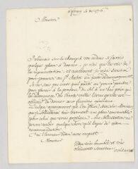 4 vues  - MS CA 0196 - Voltaire. Lettre signée à Marc Duval, lieutenant général civil et criminel du baillage de Gex.- Ferney, 4 de 1776. (ouvre la visionneuse)