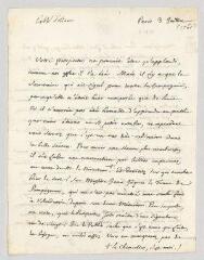 2 vues  - MS CB 0023 - Olivet, Pierre-Joseph Thoulier, abbé d\'. Lettre autographe signée à Voltaire.- Paris, 3 juillet [1761] (ouvre la visionneuse)